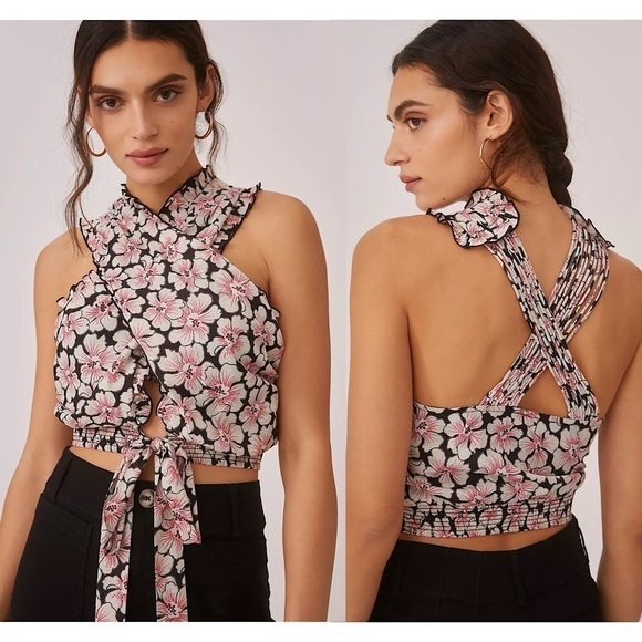 NWT Anthropologie Let Me Be Boho Floral Twisted Ruffle Halter Cropped Top Sz M - Picture 1 of 13